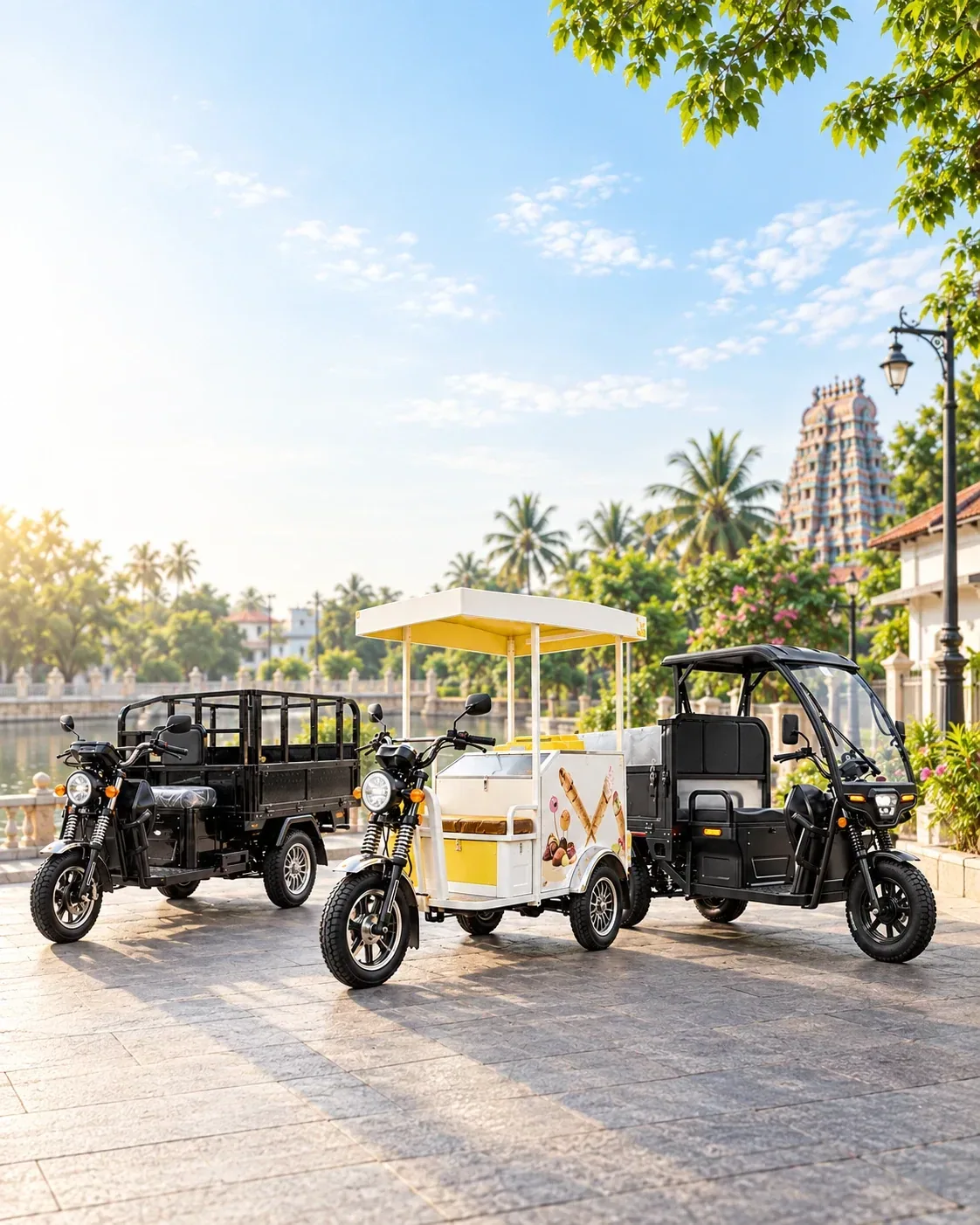 Rishi Motors custom electric business vehicles — load carriers, cargo EVs and an ice cream vending trike