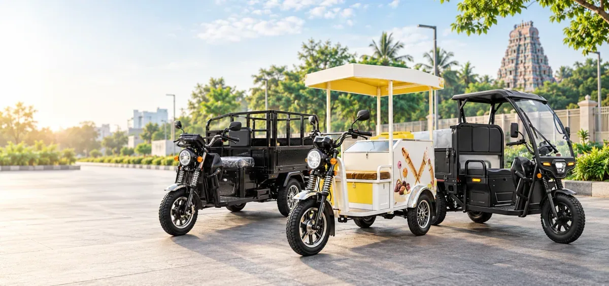 Rishi Motors custom electric business vehicles — load carriers, cargo EVs and an ice cream vending trike
